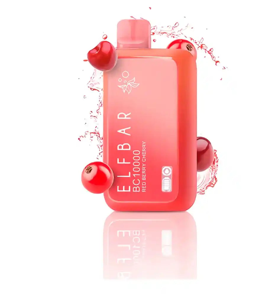 ELFBAR BC 10000 Red Berry Cherry Vape in red with cherries and splash visuals, offering 10000 puffs and rich berry flavor.