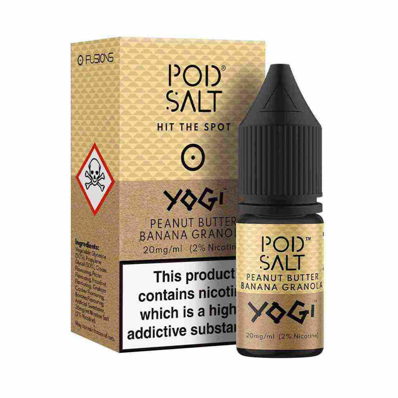 Pod Salt Yogi peanut butter banana vape liquid with beige box