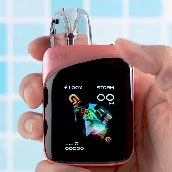 Close-up of Caliburn G4 Pro KOKO Pod System Kit showing vibrant display screen with wattage and mode settings for advanced vape customization.