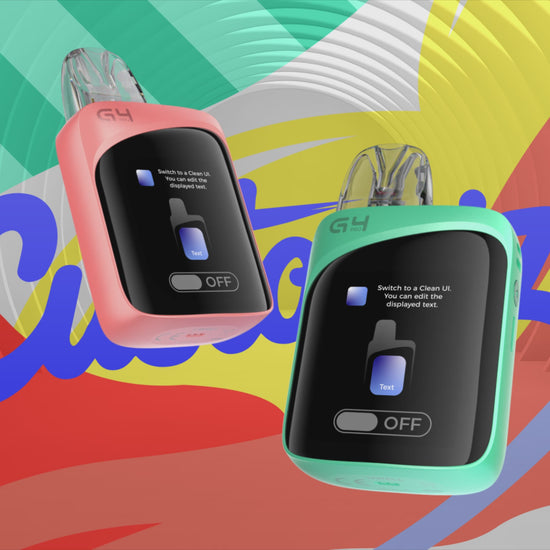 Caliburn G4 Pro KOKO Pod System Kit in pink and green with customizable UI screen, highlighting modern design and user-friendly interface.