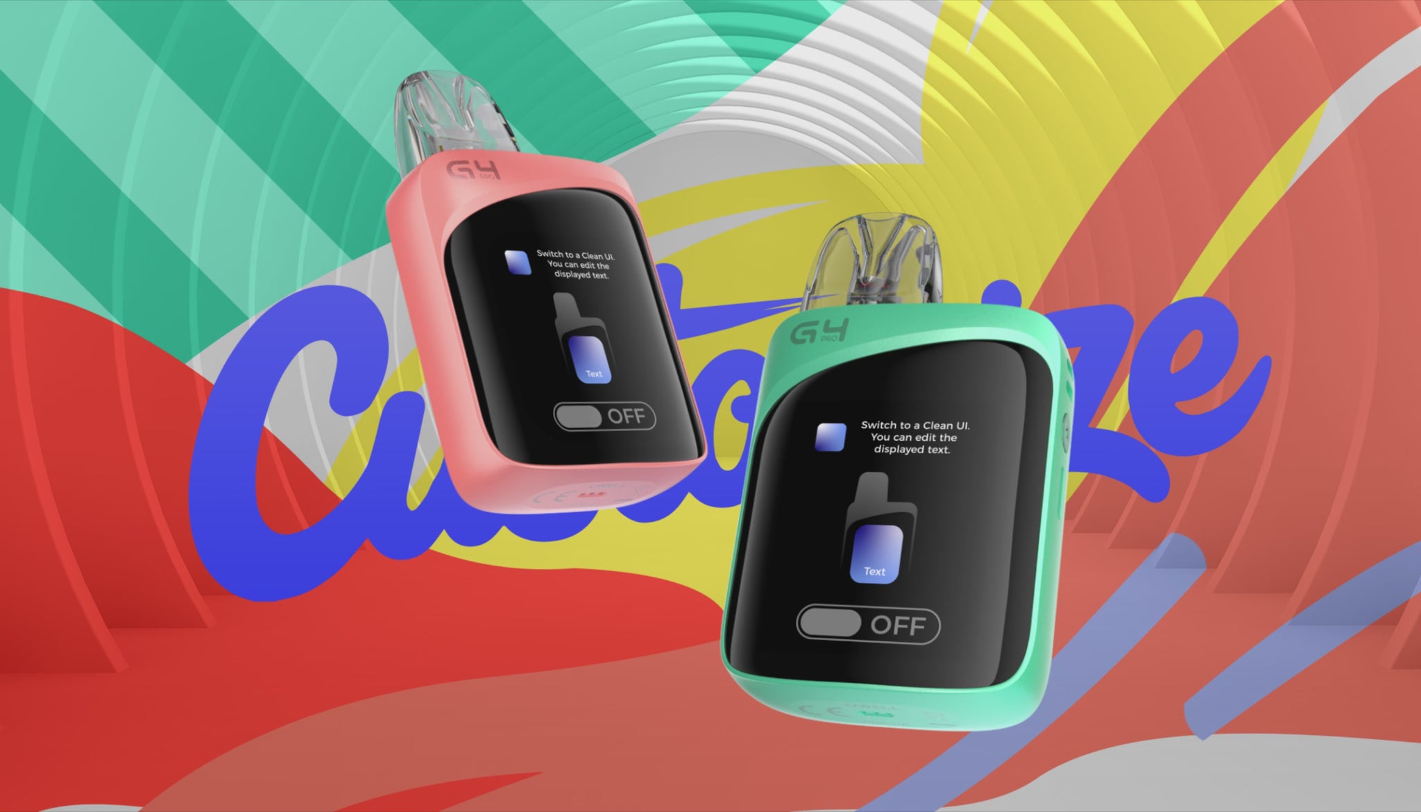 Caliburn G4 Pro KOKO Pod System Kit in pink and green with customizable UI screen, highlighting modern design and user-friendly interface.