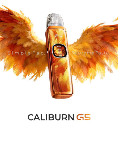 Caliburn G5 vaporizer with orange feathers background
