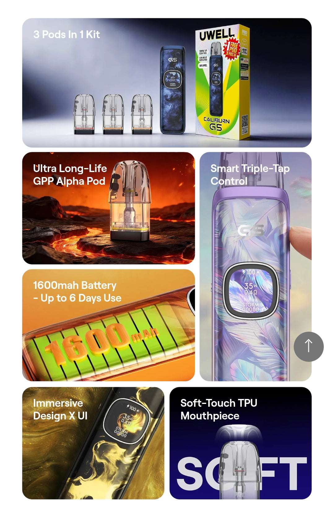 Caliburn G5 vaporizer with vibrant background and branding